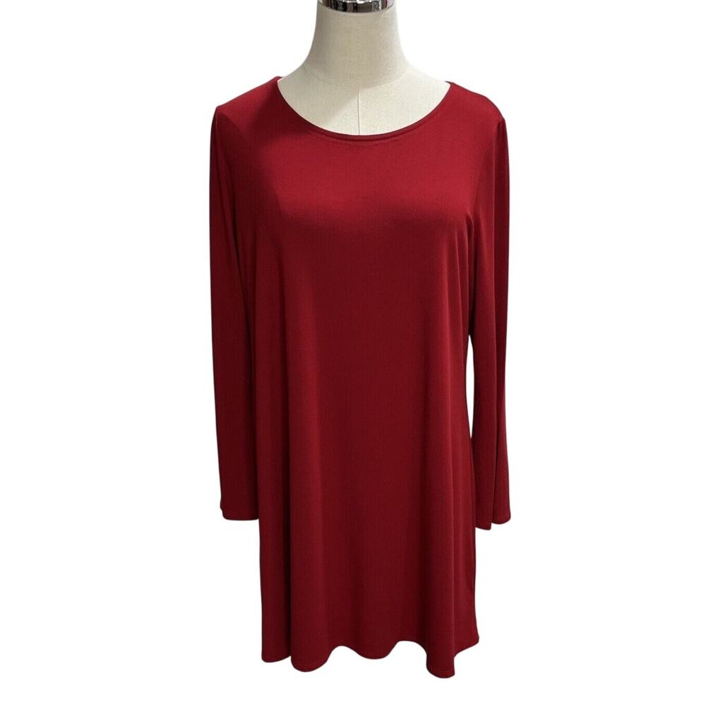 Eileen Fisher Dress sz Lg Red Viscose‎ Spandex Round Neck Long Sleeve Shift Slip